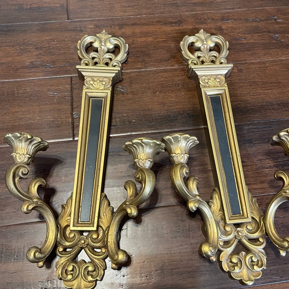 Set of 2 Vtg 1969 Syroco Black Gold Toned Candle Holder Wall Sconces #4061 USA - Picture 3 of 6